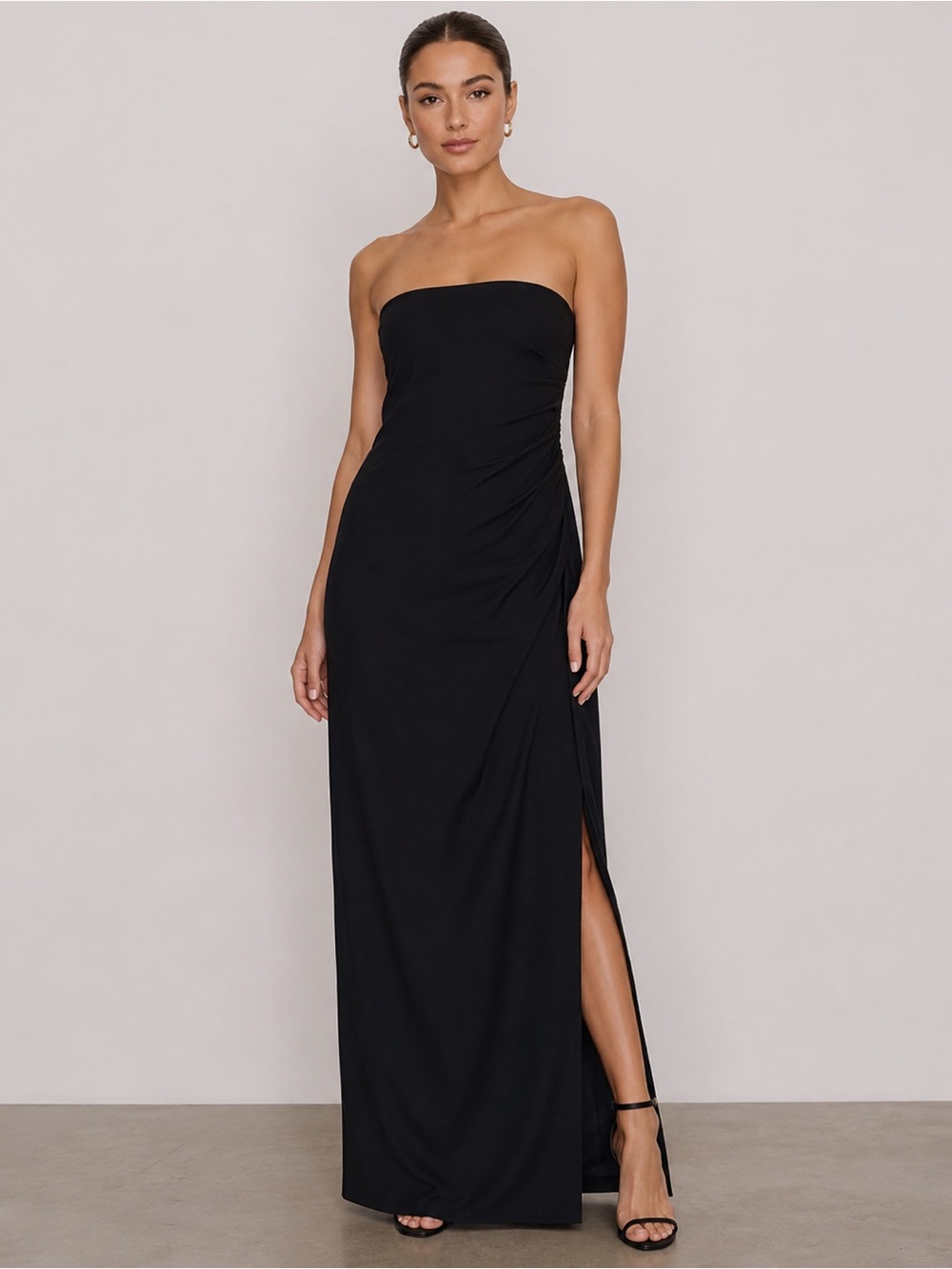 NWT St. John Couture Strapless Evening Dress Black Side Ruched Wool Blend Sz 10